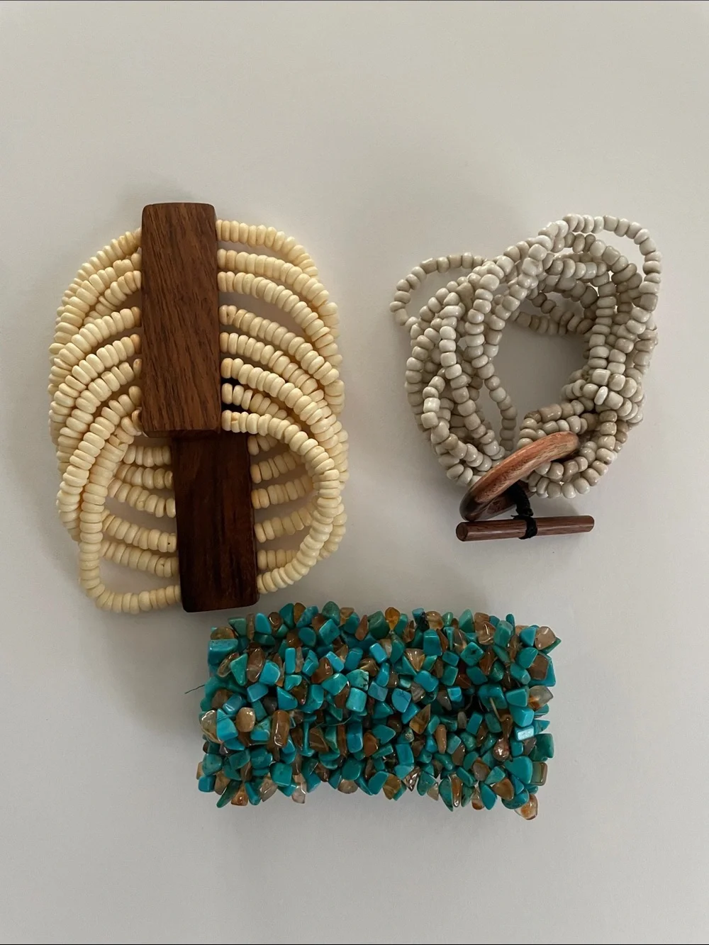 3 Pack Beaded Stretch Bracelets  Turquoise, Ivory & Camel